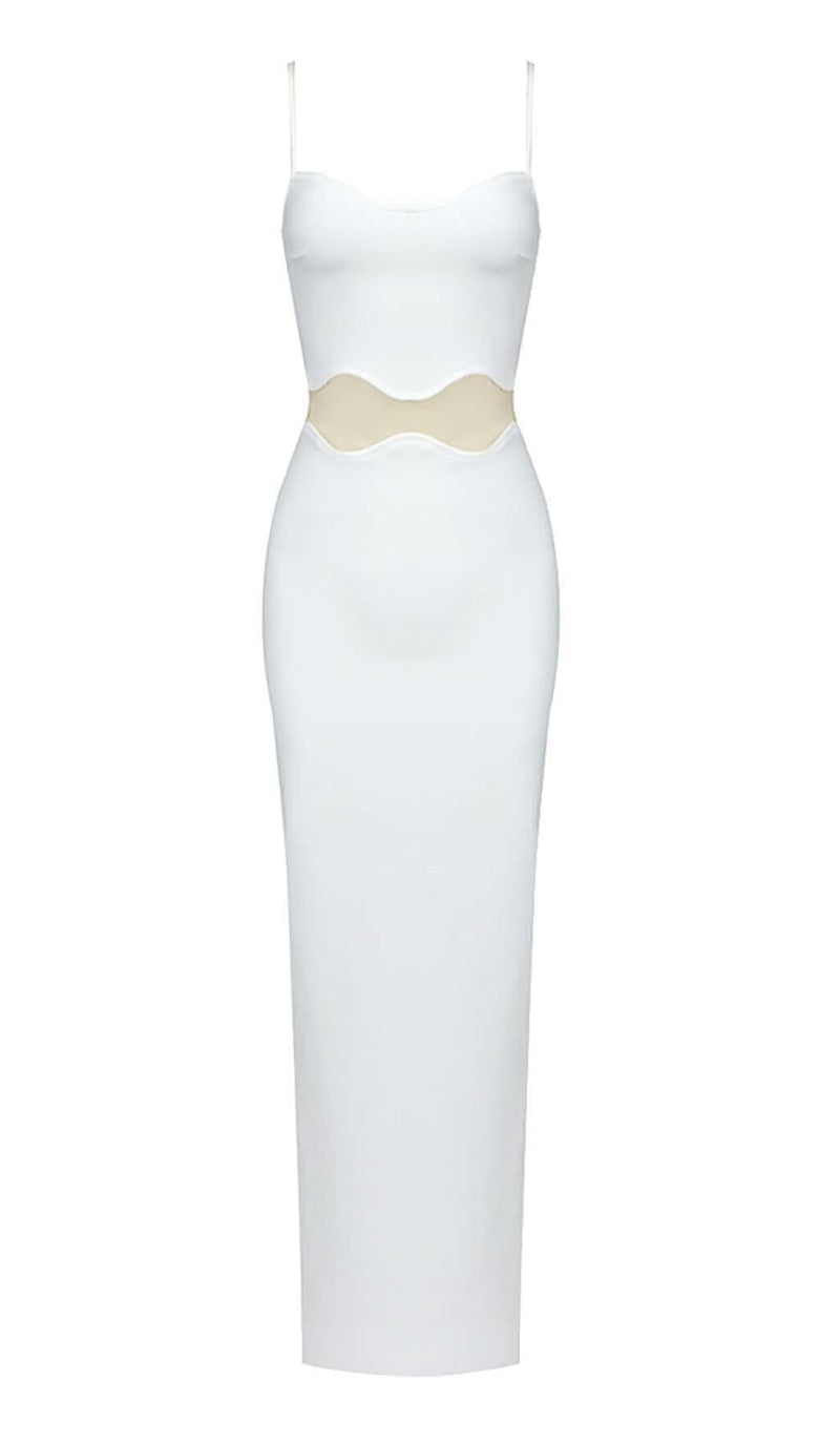 SCALLOPED MESH INSERT MAXI DRESS IN WHITE