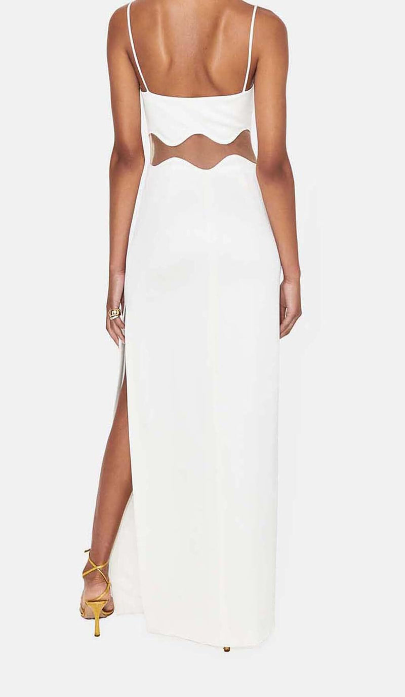 SCALLOPED MESH INSERT MAXI DRESS IN WHITE