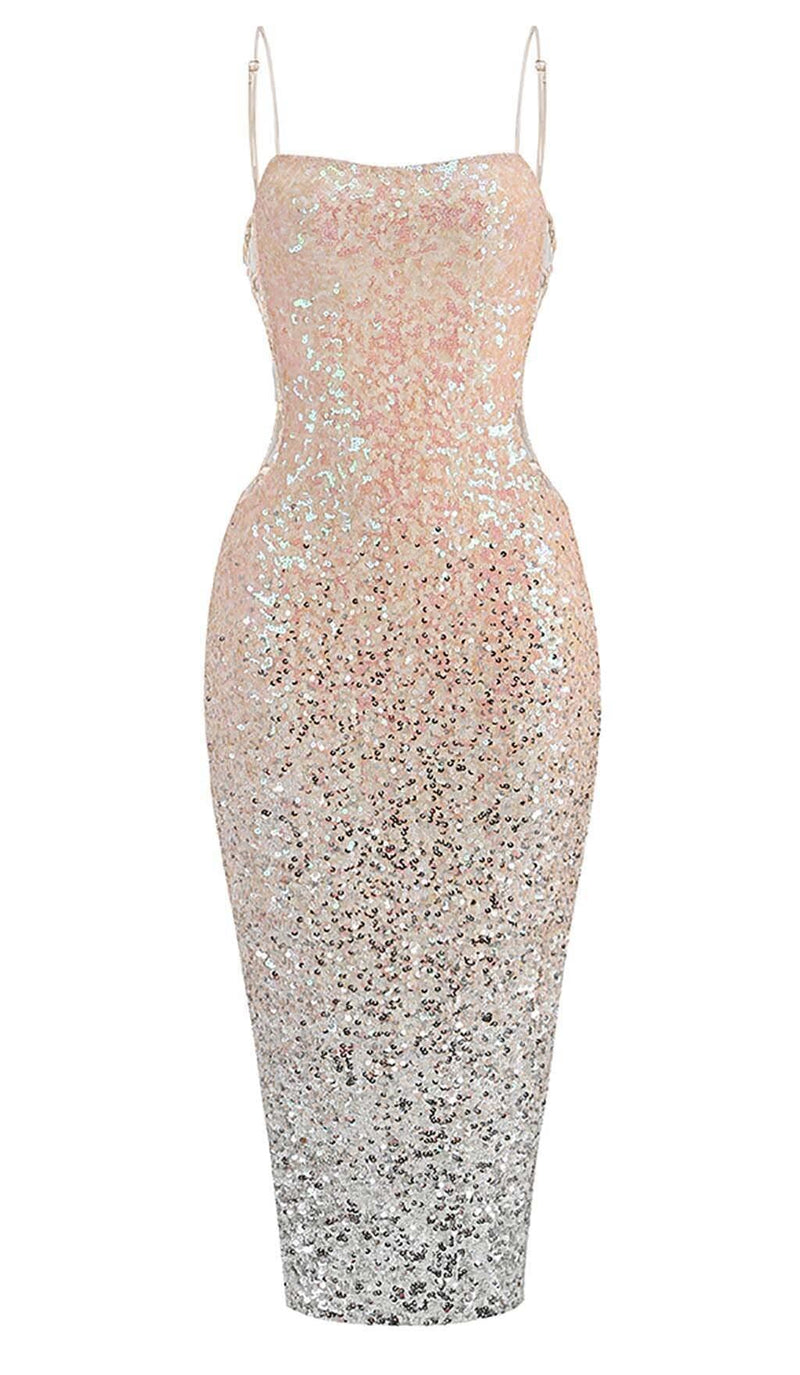 SPAGHETTI STRAP SEQUIN MIDI DRESS IN OMBRE PINK