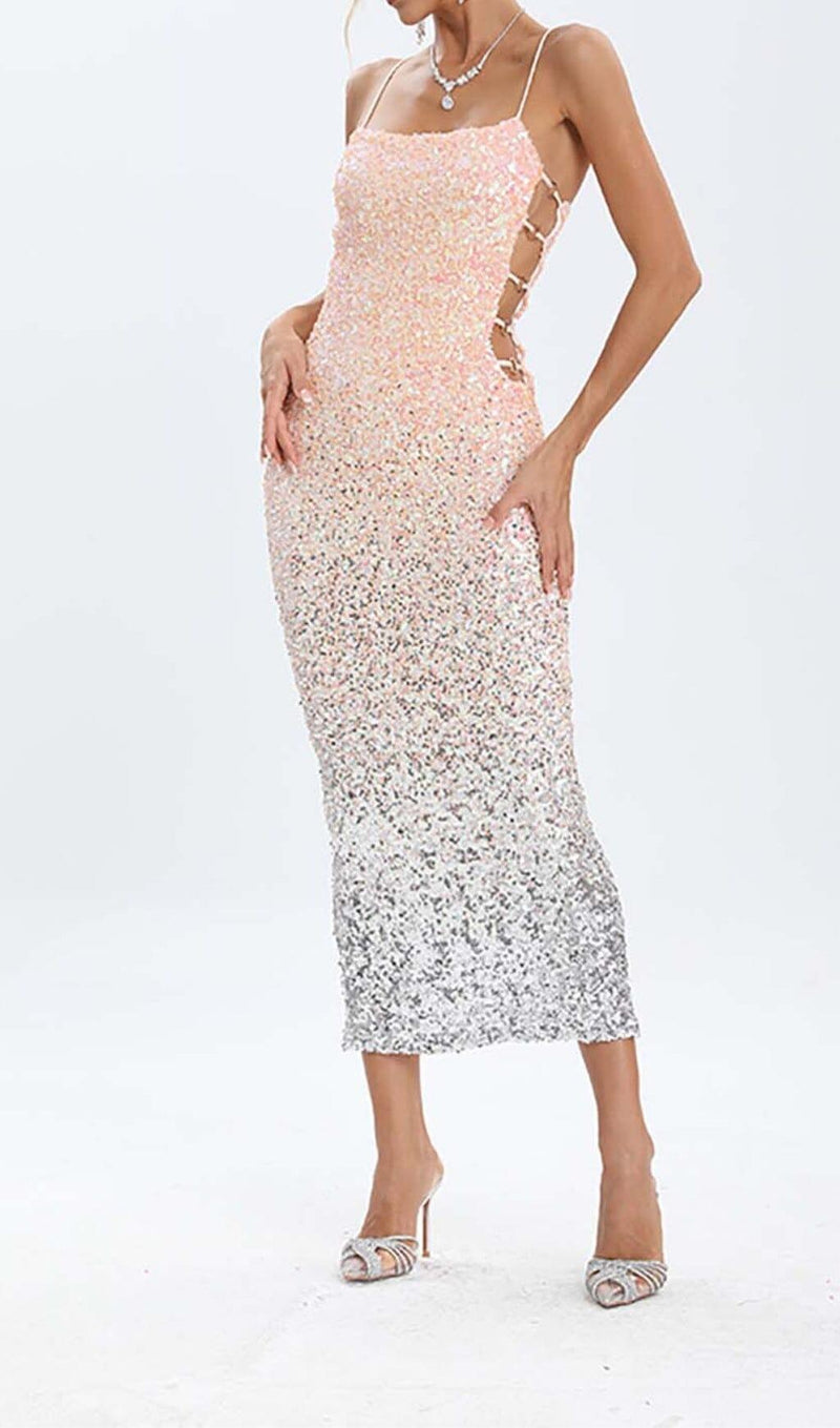 SPAGHETTI STRAP SEQUIN MIDI DRESS IN OMBRE PINK