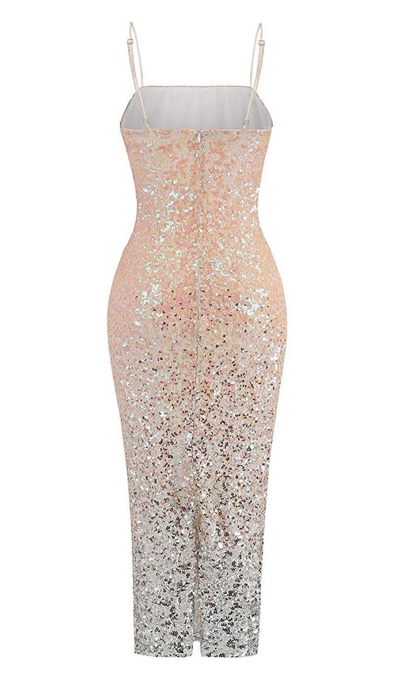 SPAGHETTI STRAP SEQUIN MIDI DRESS IN OMBRE PINK