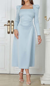 SQUARE NECK FLARED MIDI DRESS IN PASTEL BLUE