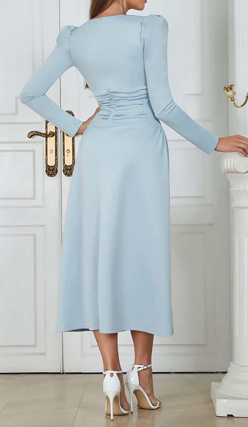 SQUARE NECK FLARED MIDI DRESS IN PASTEL BLUE