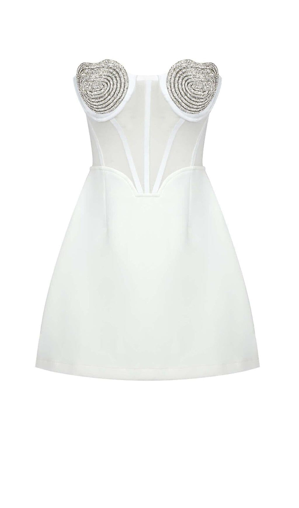 Glamorous White Strapless Mini Dress | Embellished Heart Bustier Top