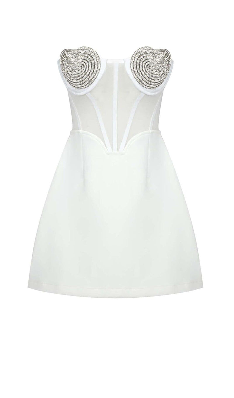 STRAPLESS HEART BUSTIER MINI DRESS IN WHITE