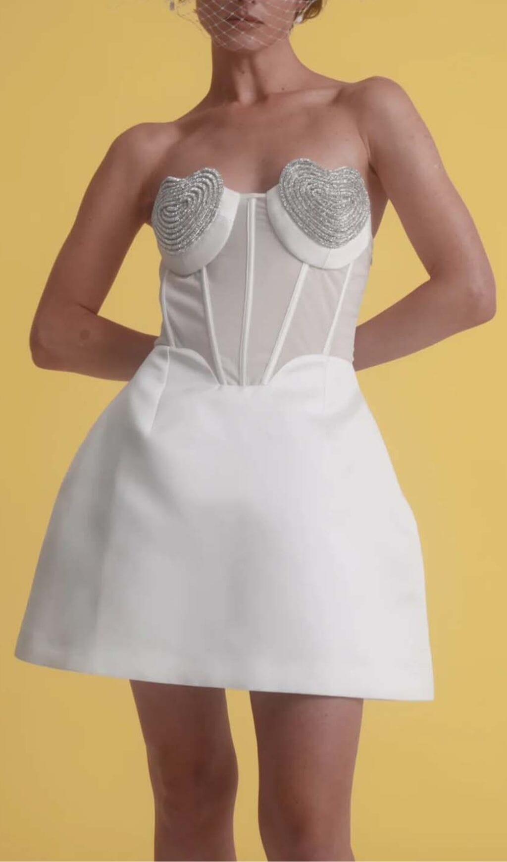 Glamorous White Strapless Mini Dress | Embellished Heart Bustier Top