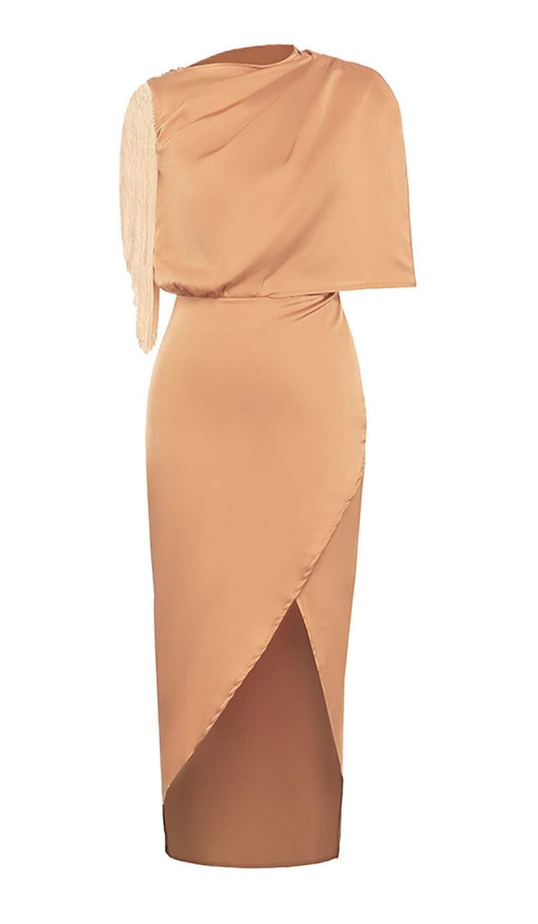 TASSEL SLEEVE SATIN MIDI DRESS IN BROWN