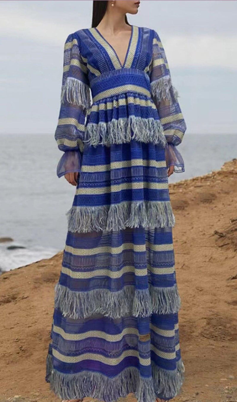 DEEP V TASSEL BLOUSON SLEEVES MAXI DRESS IN BLUE