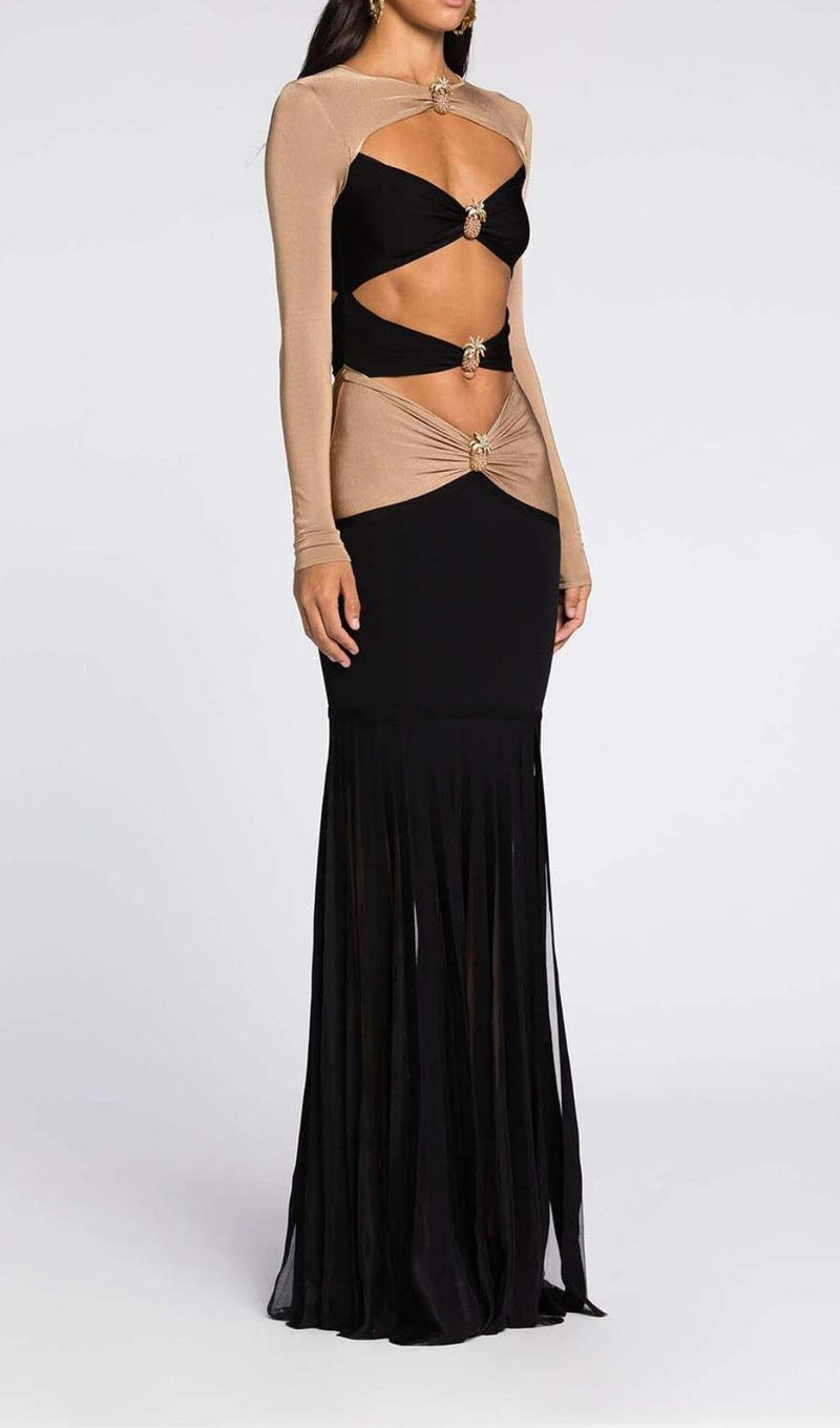 EMBELLISHED CUTOUT MAXI DRESS IN SEMI