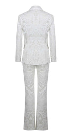 EMBROIDERED LACE MESH JACKET SUIT IN WHITE