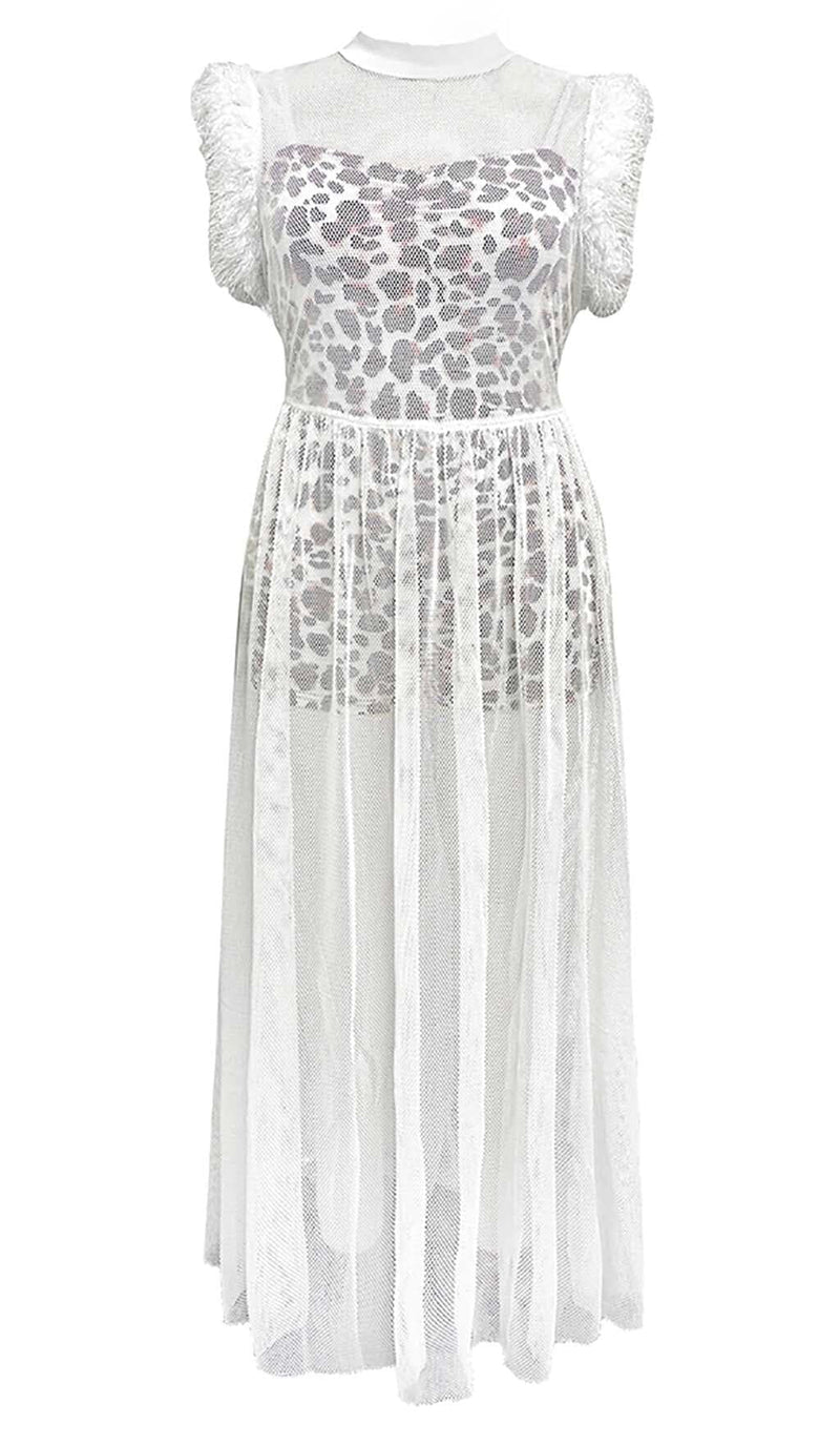 LEOPARD MESH MAXI DRESS IN WHITE