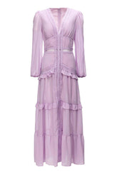 LONG SLEEVE RUFFLE MAXI DRESS IN LILAC