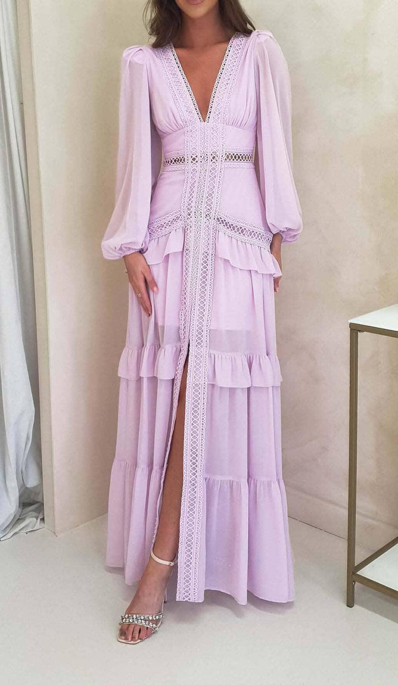 LONG SLEEVE RUFFLE MAXI DRESS IN LILAC