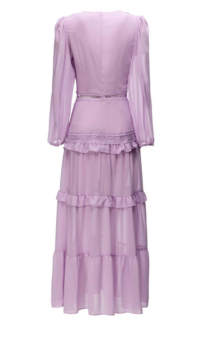 LONG SLEEVE RUFFLE MAXI DRESS IN LILAC