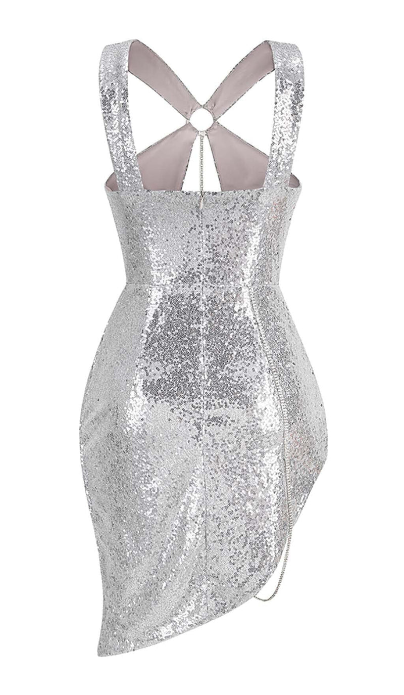 SEQUIN CUTOUT HIGH LOW DRESS IN SLIVER