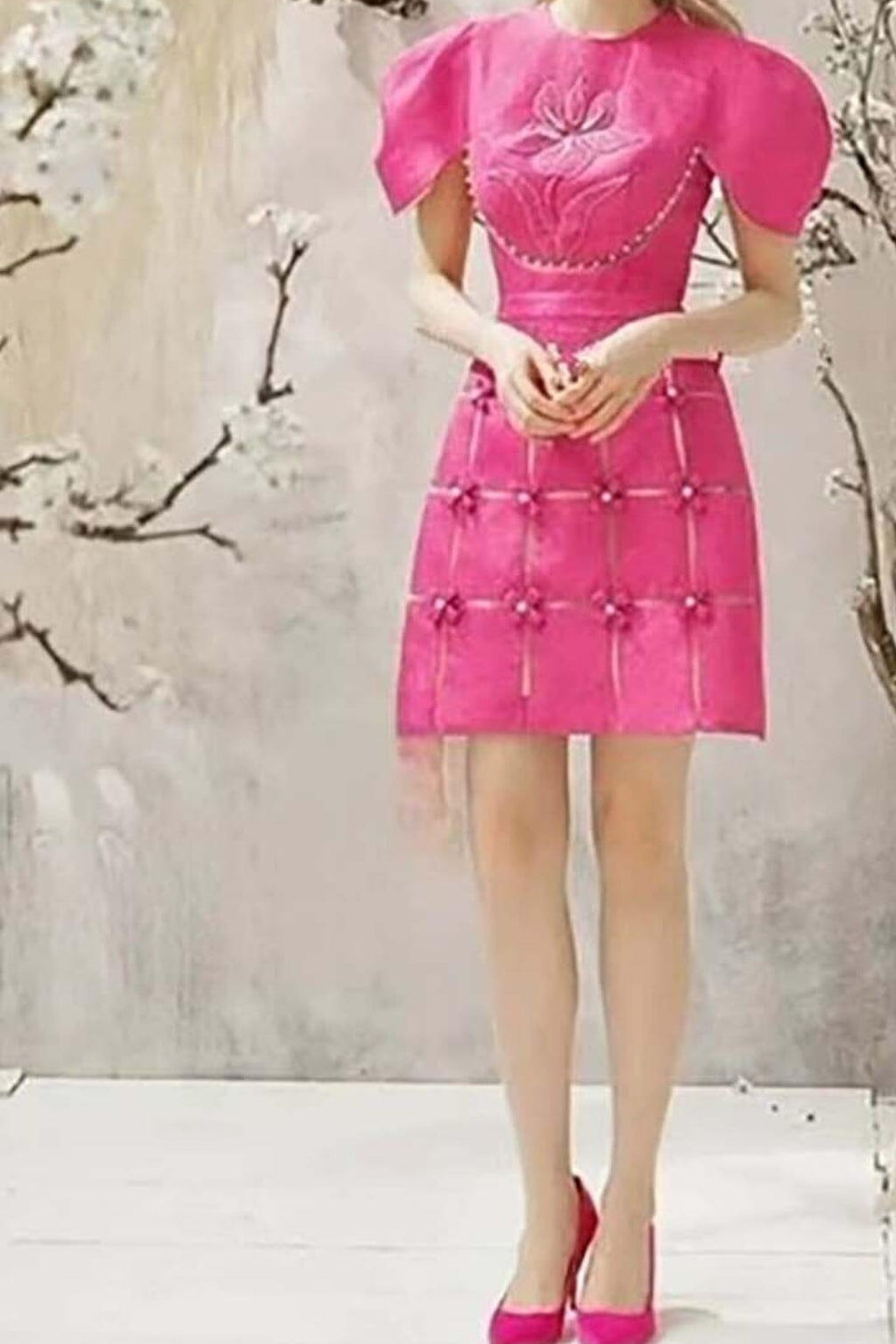 3D FLOWER O NECK MINI DRESS IN PINK