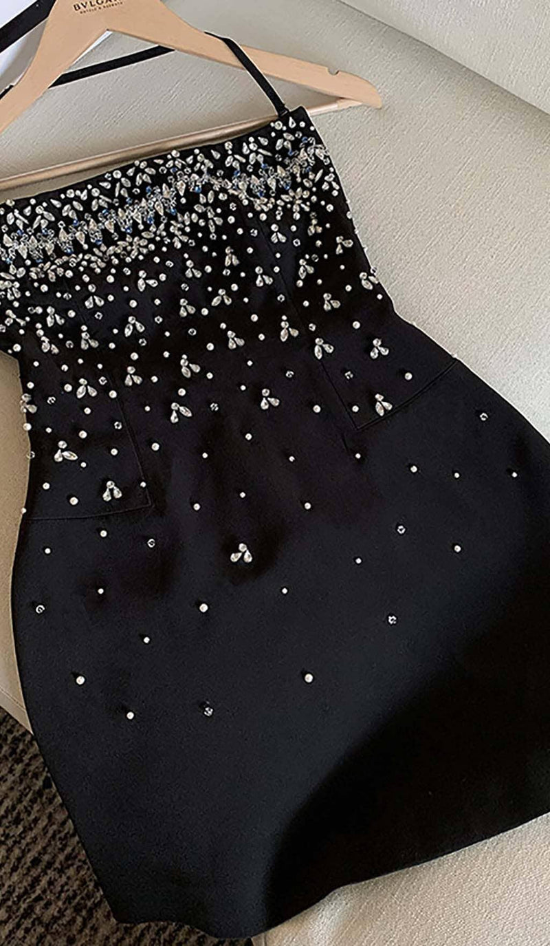 CRYSTAL BEADING STRAPLESS MINI DRESS IN BLACK