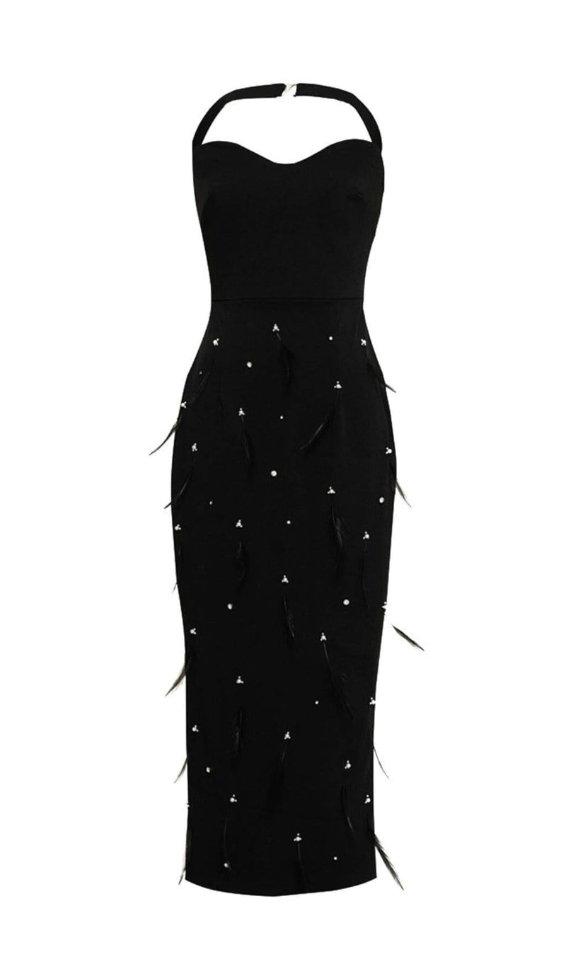 FEATHER RHINESTONES BODYCON MIDI DRESS IN BLACK