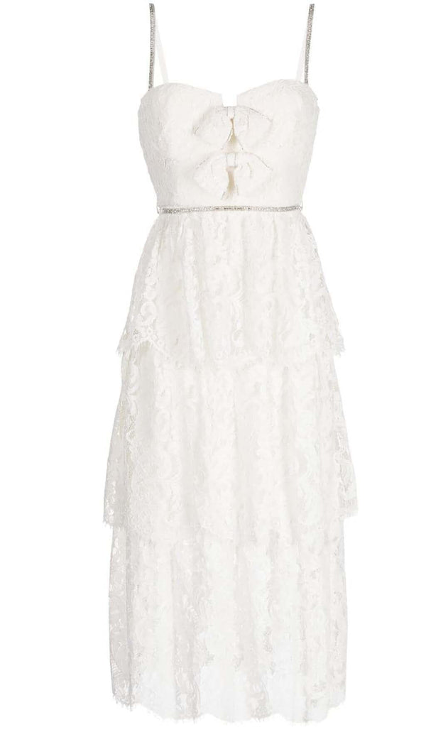 FRONT BOW TIERED MIDI DRESS IN WHITE