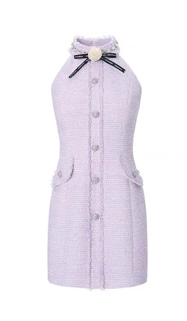 HALTER BOW NECK TWEED MINI DRESS IN LILAC