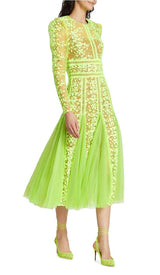 LACE PLATED MIDI DRESS IN GREEN