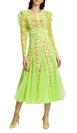 LACE PLATED MIDI DRESS IN GREEN