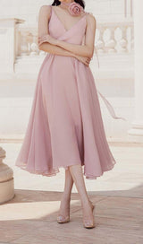 PLEATED FLARE BOTTOMING MIDI DRESS IN PINK