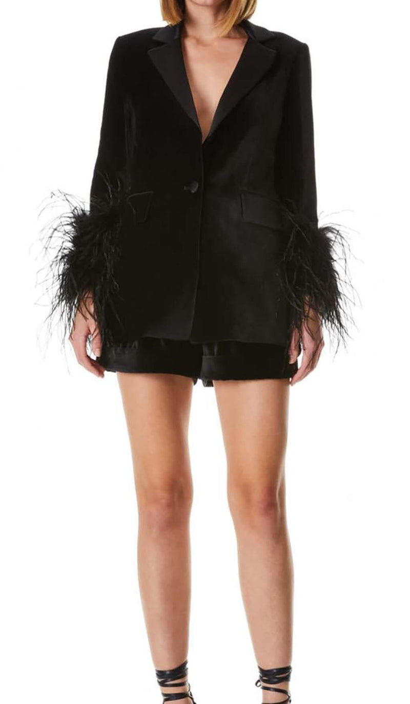 VELVET FEATHER-TRIM JACKET IN BLACK