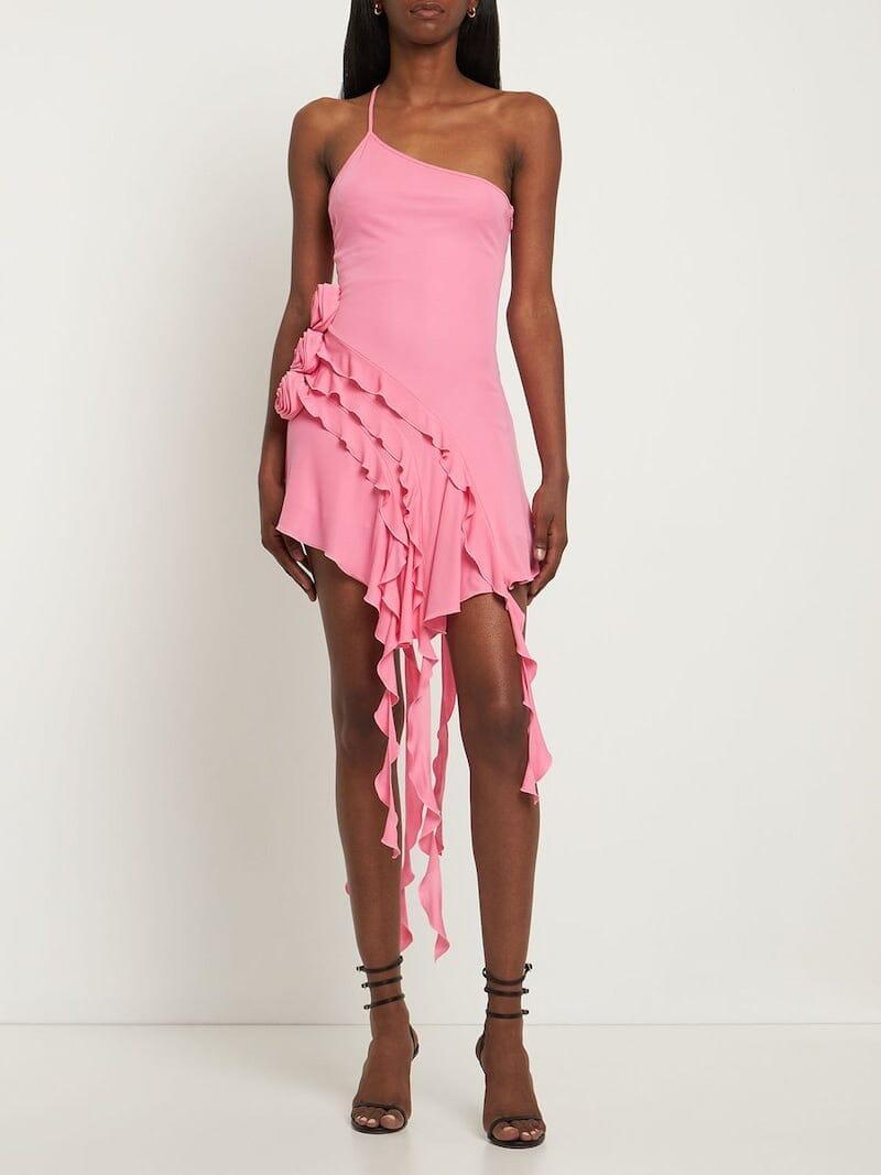 ROSE-DETAIL RUFFLED MINI DRESS IN PINK