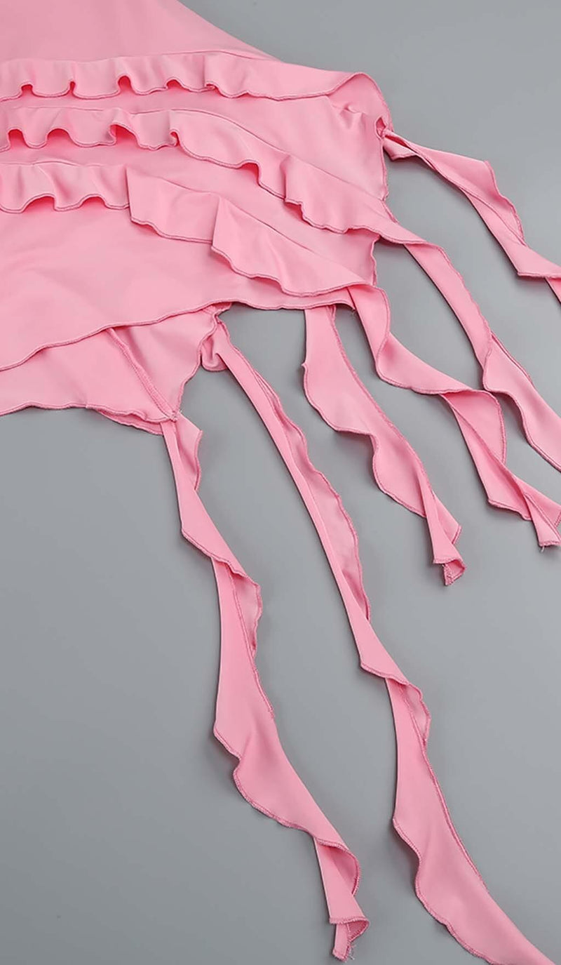 ROSE-DETAIL RUFFLED MINI DRESS IN PINK