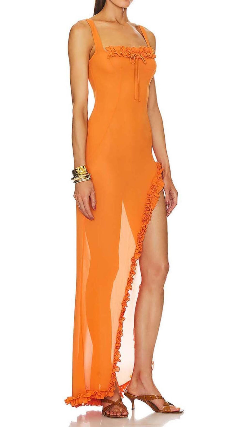 SHEER RUFFLED MAXI DRESS IN ORANGE