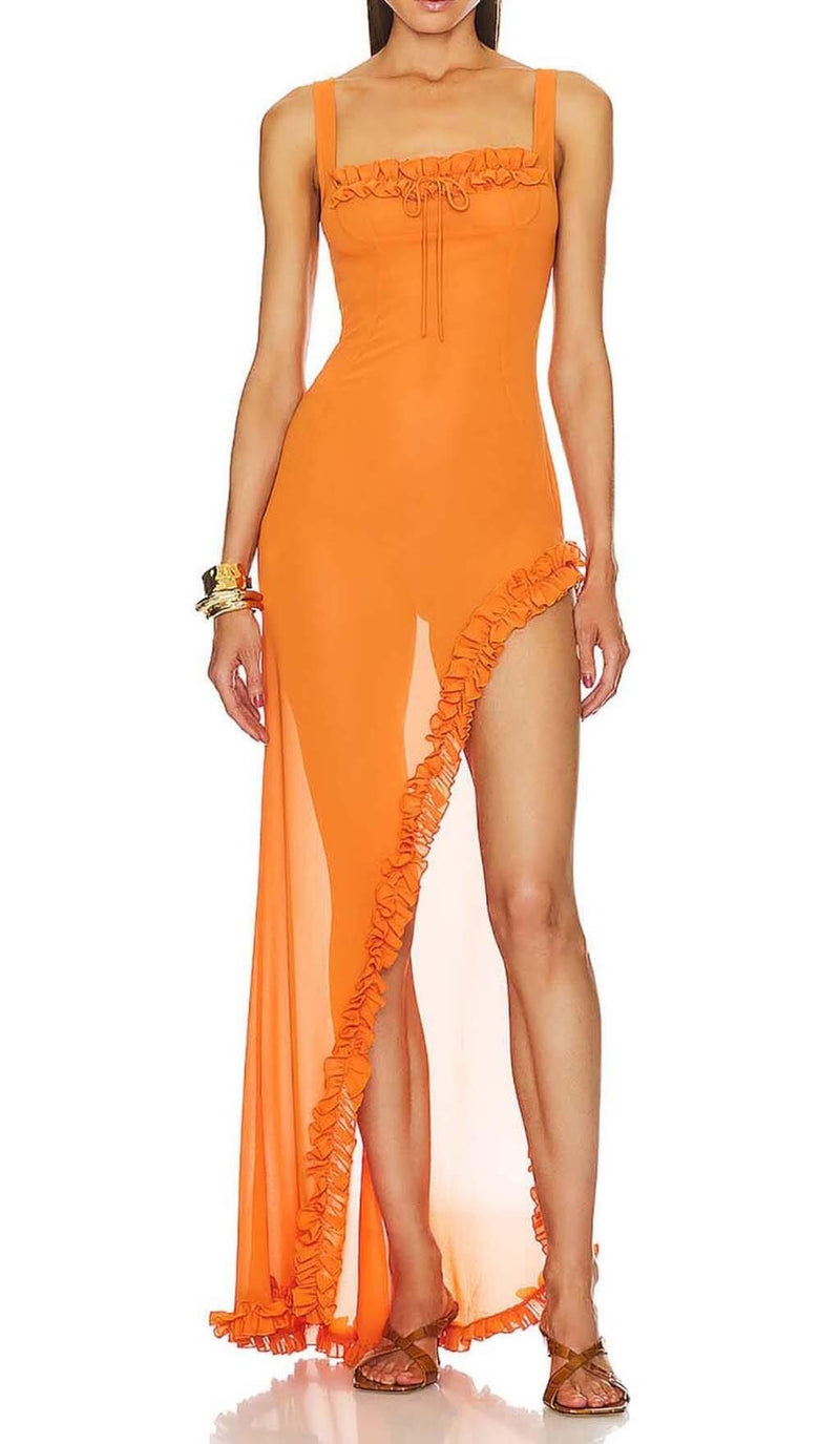 SHEER RUFFLED MAXI DRESS IN ORANGE