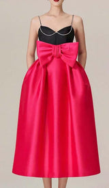 SPAGHETTI STRAP BOW RHINESTONE MIDI DRESS