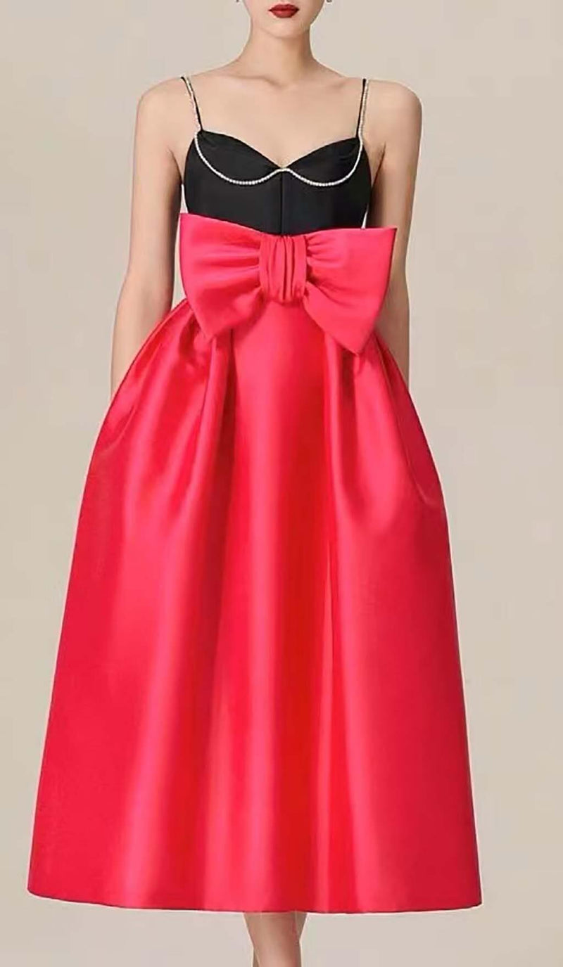 SPAGHETTI STRAP BOW RHINESTONE MIDI DRESS