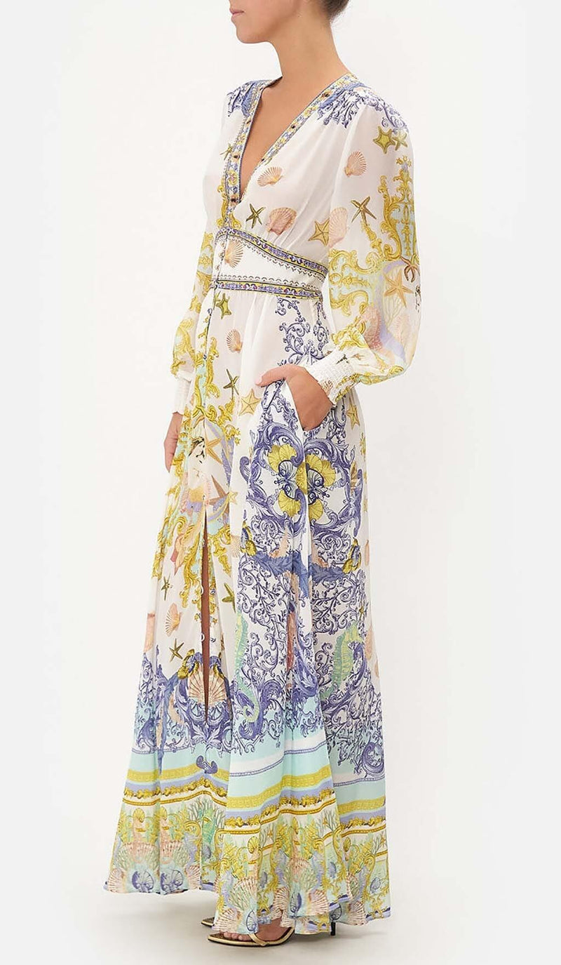 BAROQUE PRINT BUTTON MAXI DRESS