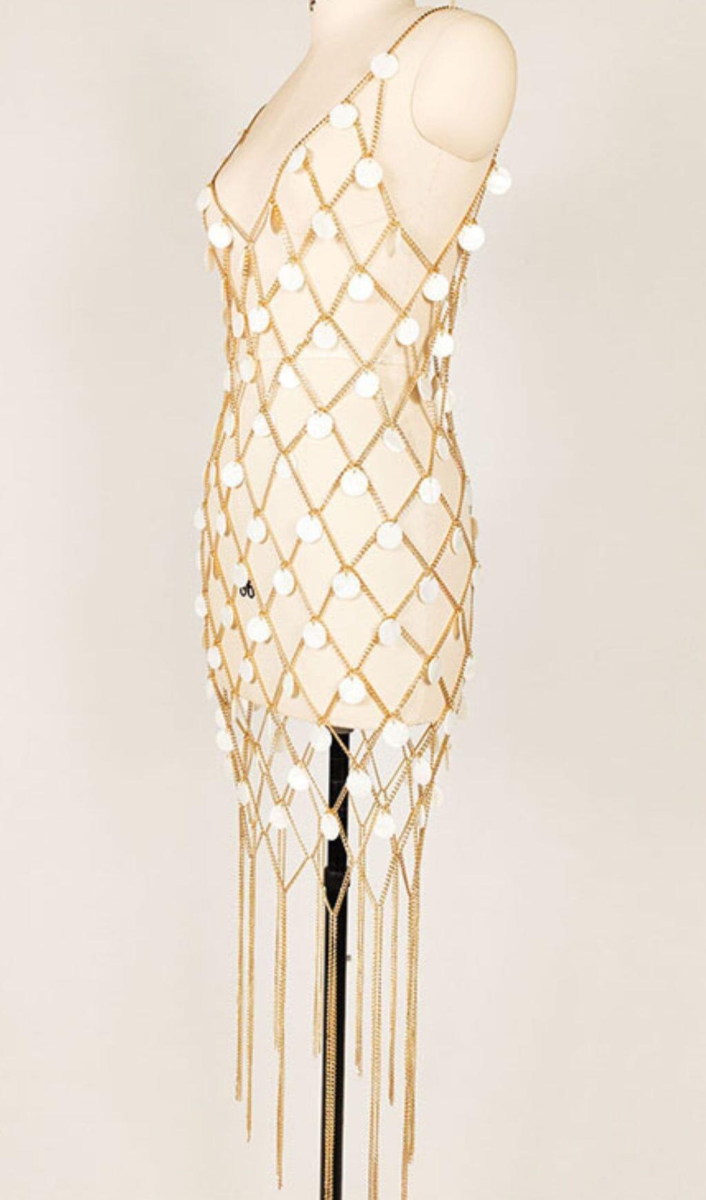 EMBELLISHED FRINGE BODY CHAIN DRESS