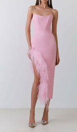 FEATHER TRIM SPLIT MIDI DRESS IN BUBBLEGUM