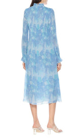 FLORAL PRINT PLEATED MIDI DRESS IN BLUE