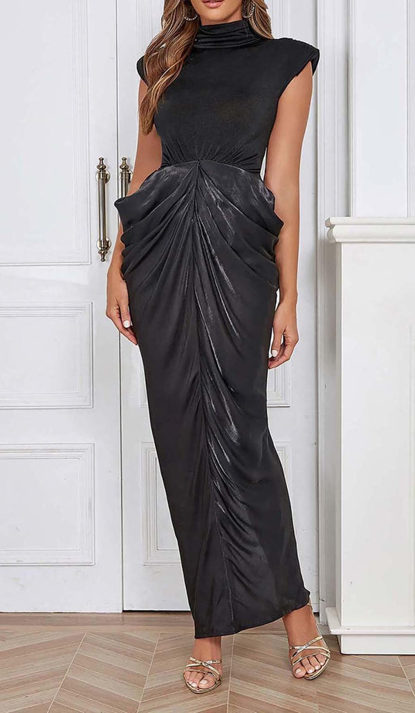 RUCHED OFF SLEEVE MAXI DRESS IN BLACK