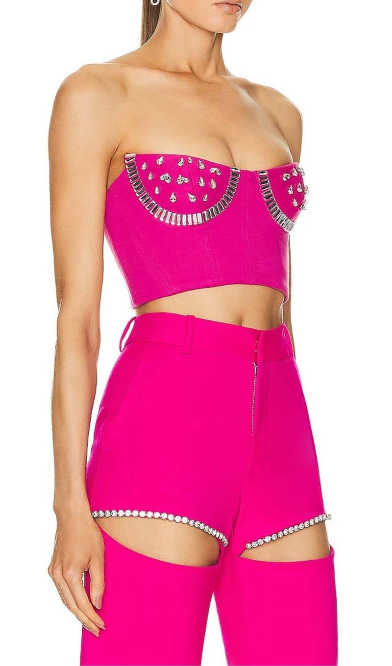 CRYSTAL STITCHED CUTOUT TWO PIECE SET IN PINK