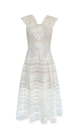 EMBROIDERY TIERED MIDI DRESS IN IVORY WHITE