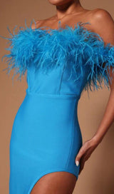 FEATHER TRIM OFF THE SHOULDER HIGH LOW DRESS IN BLUE