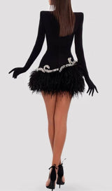 FEATHER VELVET GLOVES MINI DRESS IN BLACK