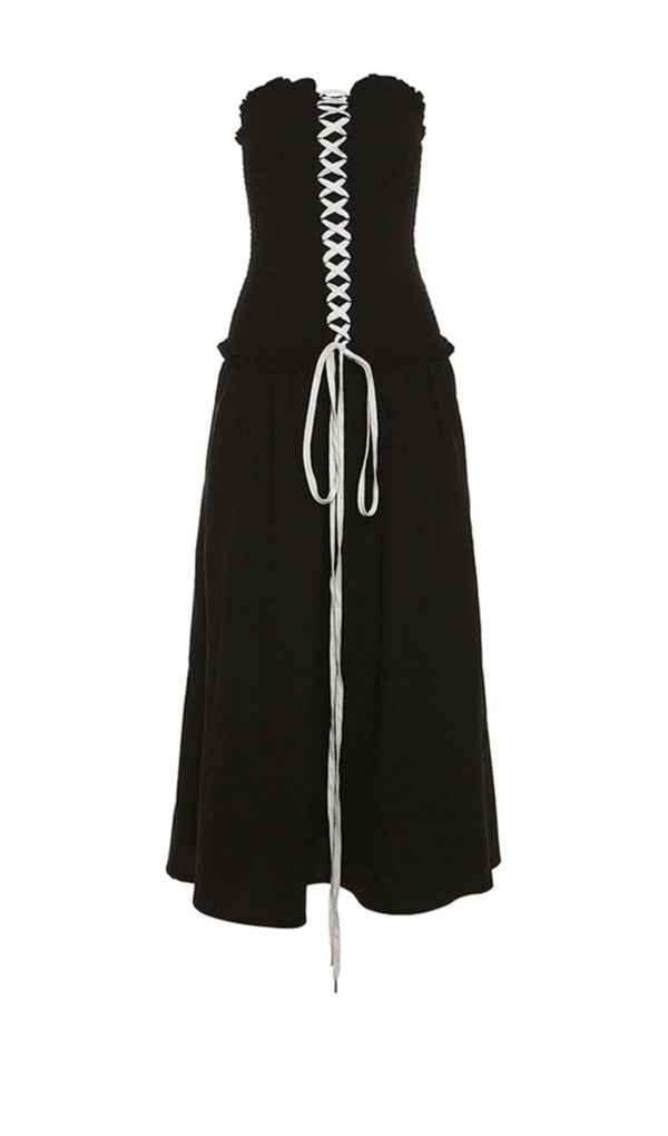 FRONT LACE UP STRAPLESS MAXI DRESS IN BLACK