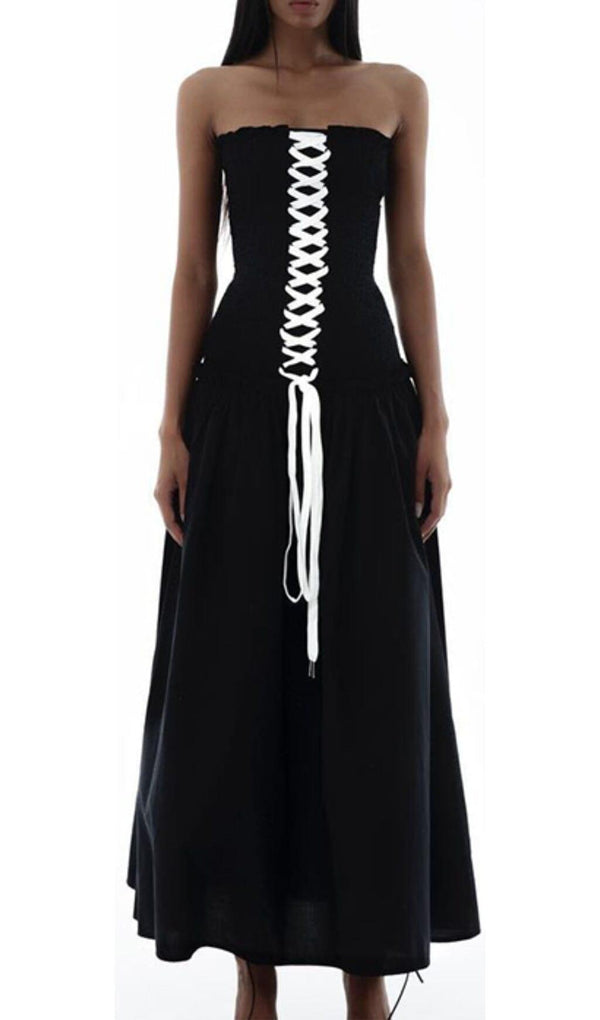 FRONT LACE UP STRAPLESS MAXI DRESS IN BLACK