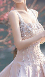 HAND-BEADED DIAMOND MINI DRESS IN NUDE