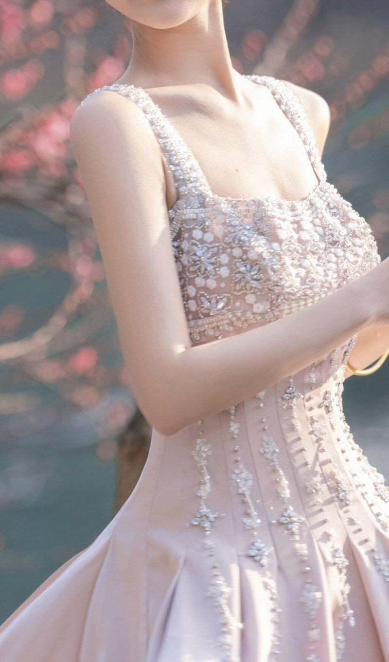 HAND-BEADED DIAMOND MINI DRESS IN NUDE