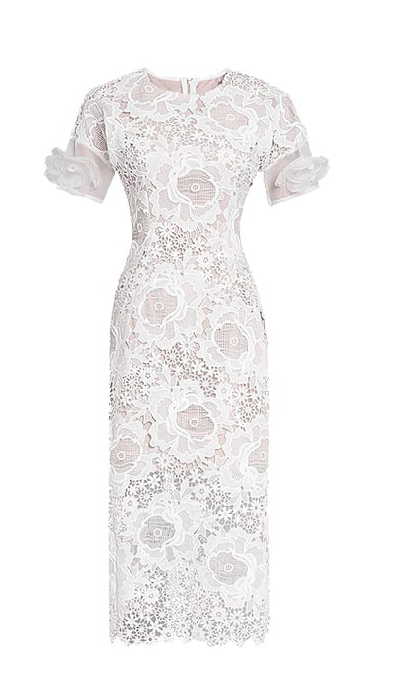 LACE HOLLOW EMBROIDERY A LINE MIDI DRESS IN WHITE