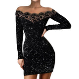 LACE STITCHING GLITTER MINI DRESS IN BLACK