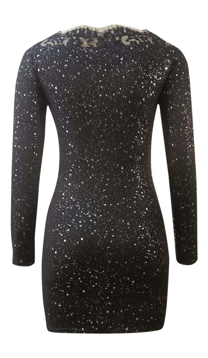 LACE STITCHING GLITTER MINI DRESS IN BLACK